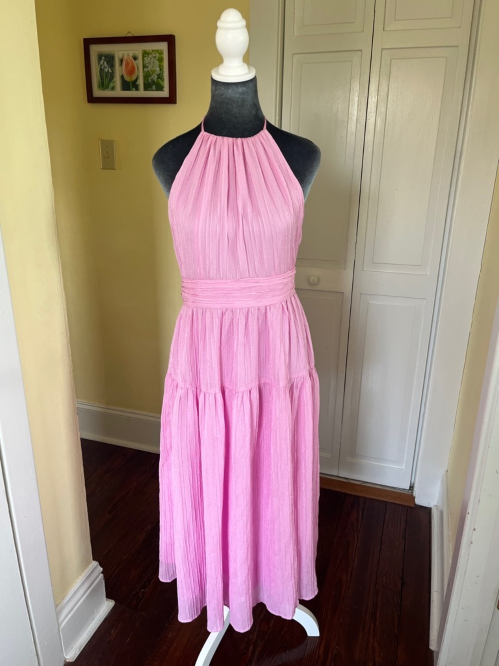 Astr Pink Halter Midi Dress with Gathered Bodice